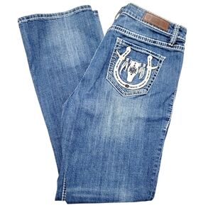 Rock & Roll Denim Mid Rise Bootcut Jeans Womens Size 31x32 Blue Horseshoe Pocket